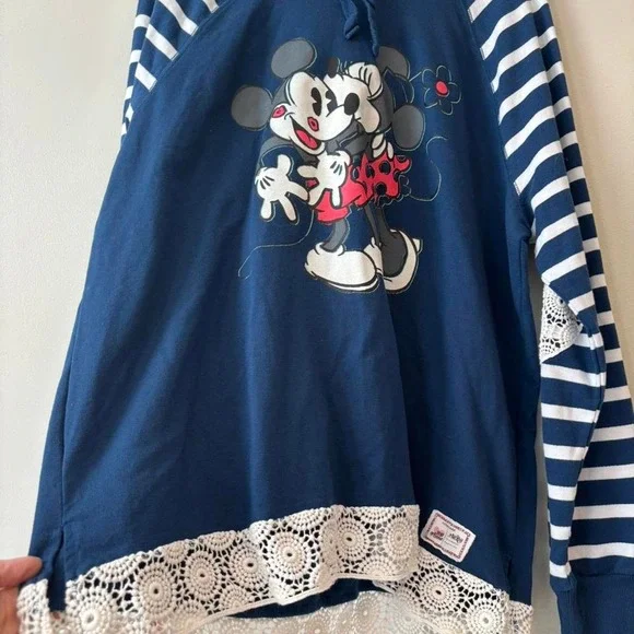 Disney Hoodie Navy Blue Stripe Embroidered Hem Minnie Mickey love - XXLarge - Picture 3 of 8